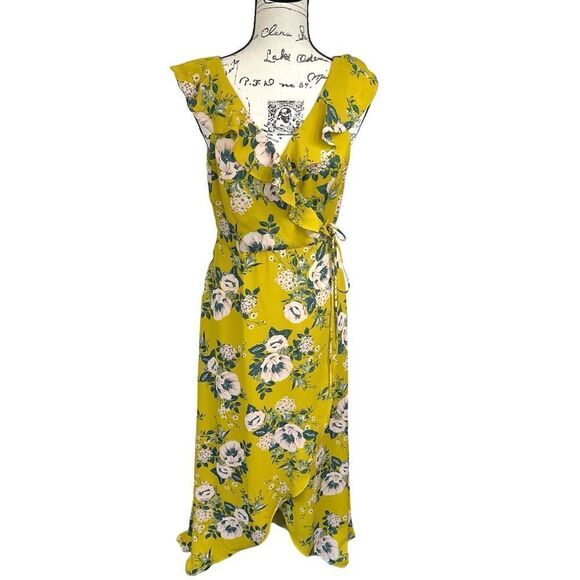 June & Hudson  Yellow Floral Midi Ruffle Wrap Summer Dress, Medium - Picture 2 of 12